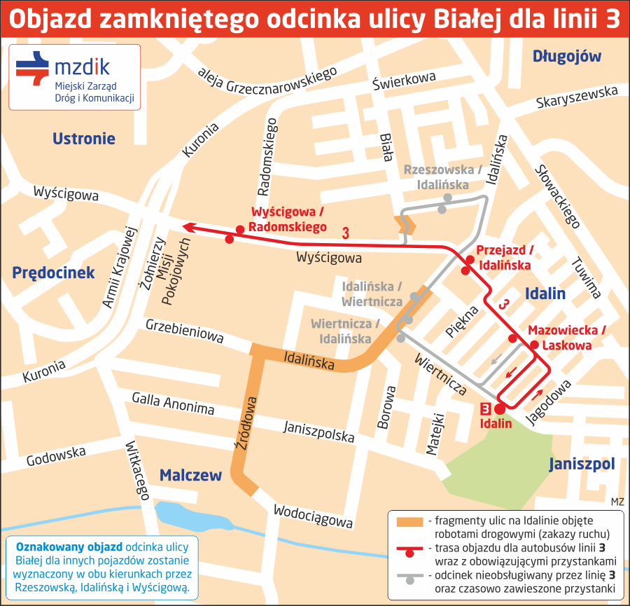 Objazd zamkniętego odcinka ulicy Białej dla linii 3