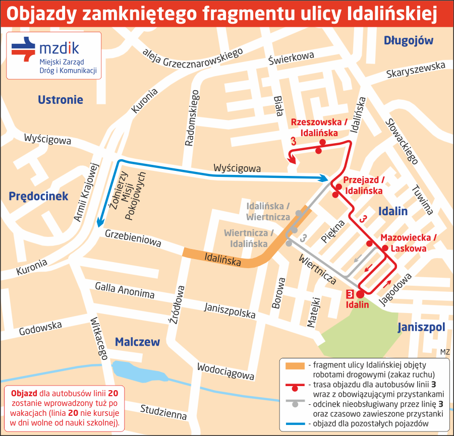 Objazdy zamkniętego fragmentu ulicy Idalińskiej