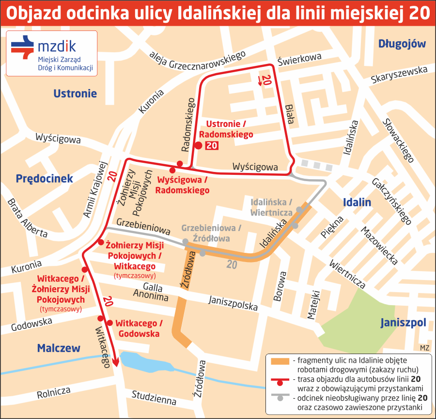 Objazd odcinka ulicy Idalińskiej dla linii miejskiej 20