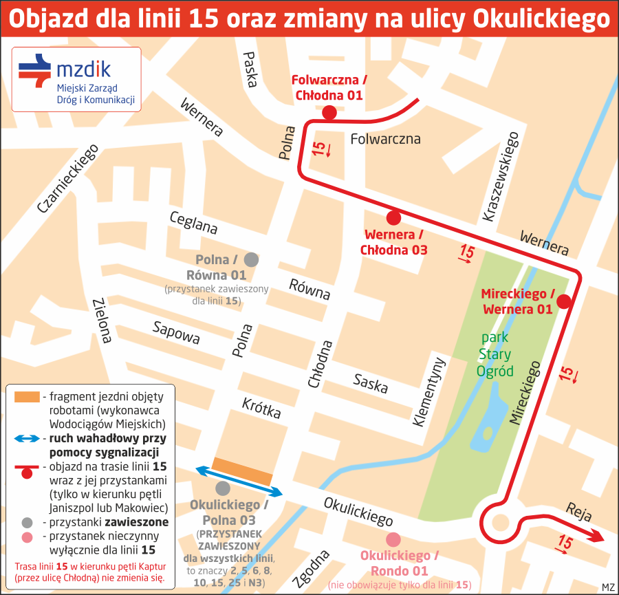 Objazd dla linii 15 oraz zmiany na ulicy Okulickiego