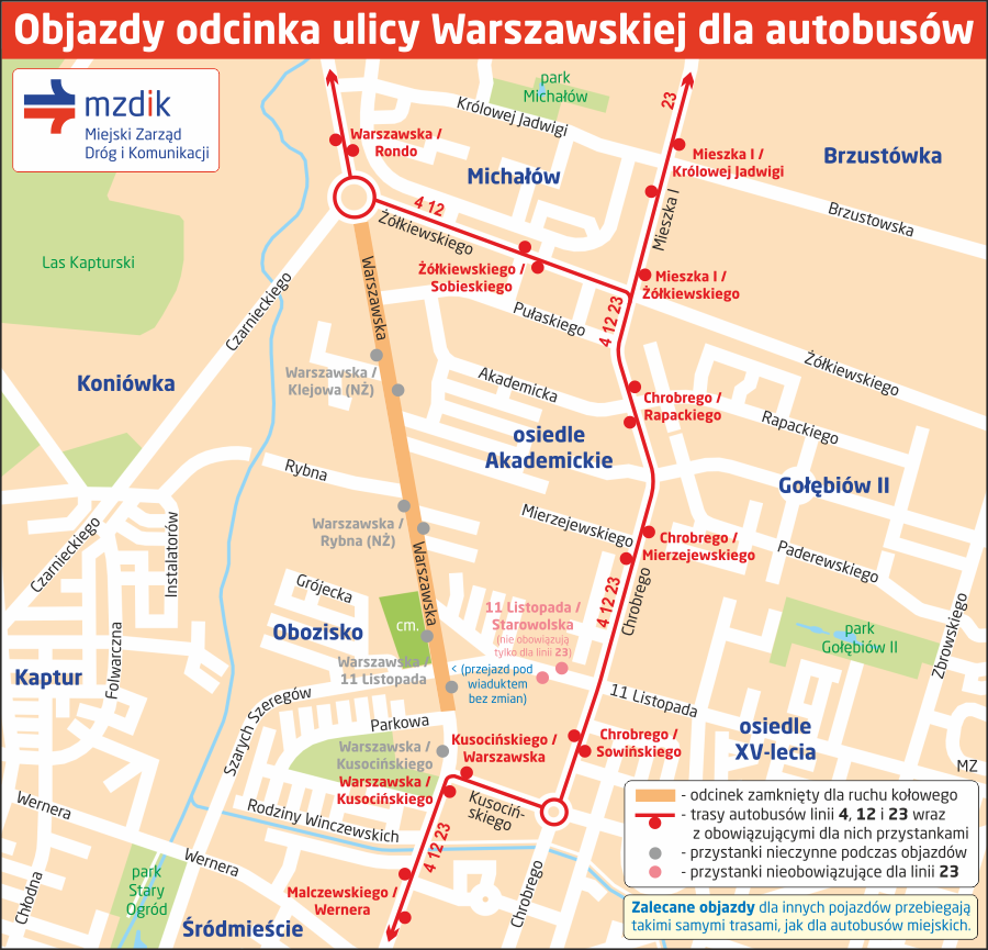 Objazdy odcinka ulicy Warszawskiej dla autobusów