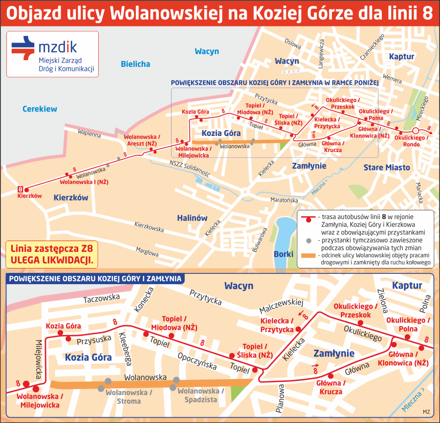 Objazd ulicy Wolanowskiej na Koziej Górze dla linii 8