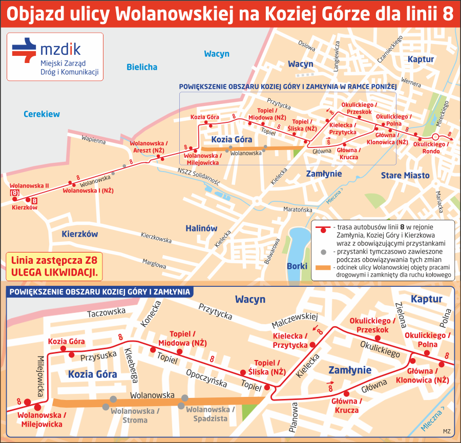 Objazd ulicy Wolanowskiej na Koziej Górze dla linii 8